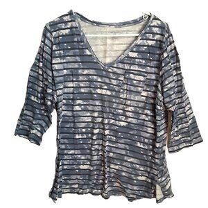Lane Bryant Blouse Size 1X 3/4 Sleeve V-Neck Blue/White/Black 100% Cotton